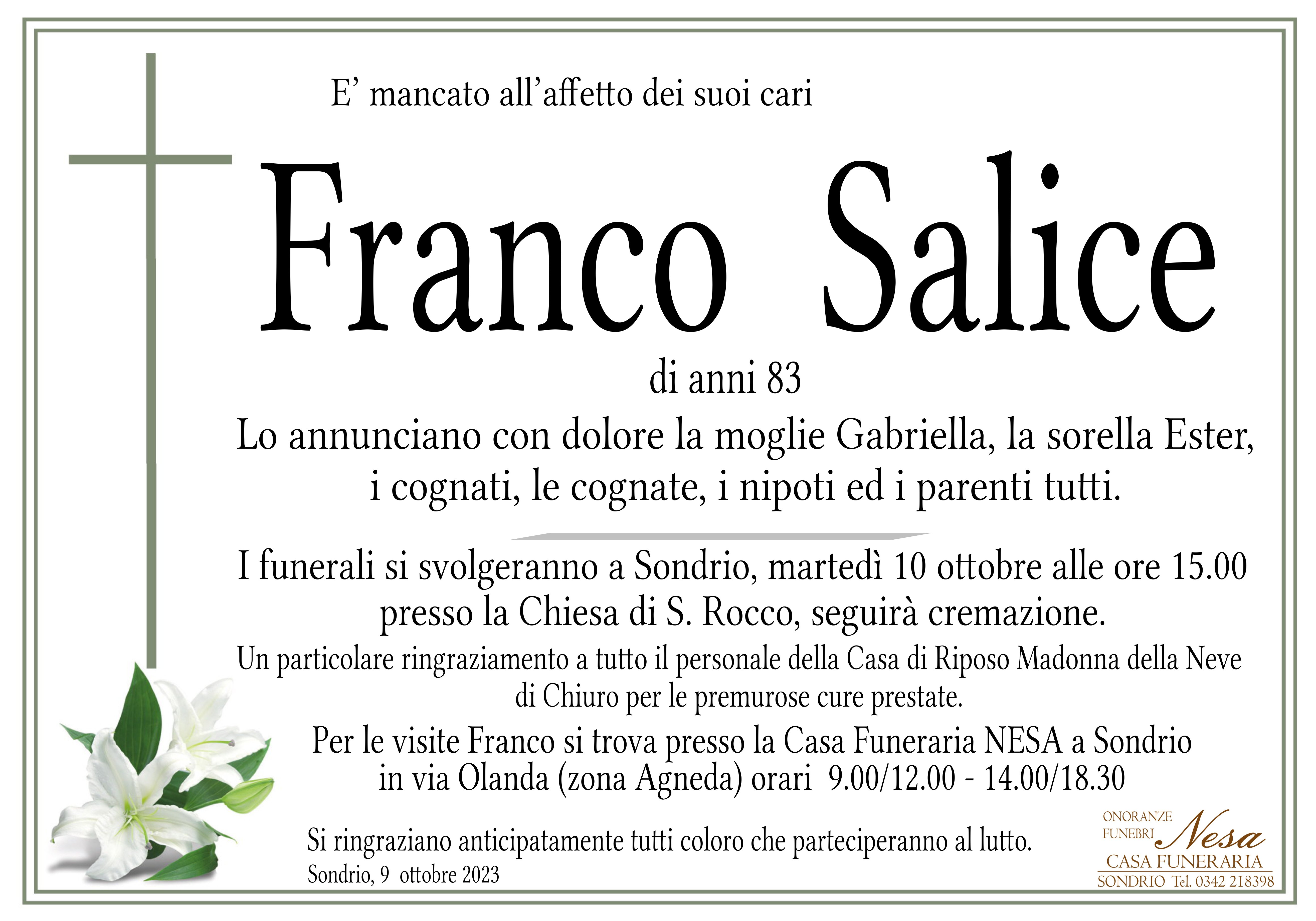 Necrologio Franco Salice